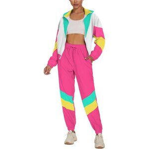 UOUA Women's Color Block 2 Piece 80s 90s Outfits Long Sleeve Windbreaker Jacket